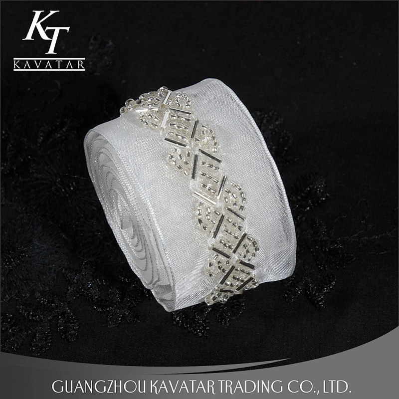 White mesh beaded lace trim ribbon for bride dress