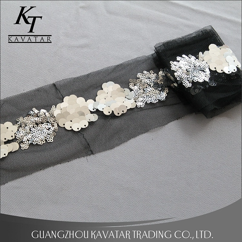Beautiful Shape Sequin Sew On Black Mesh Flower Ribbon Trim For Decorative Dress