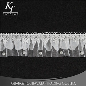Pleated Lace Trim, Ruffle Trim, Pearl Lace Trim for Bridal Gowns Lace