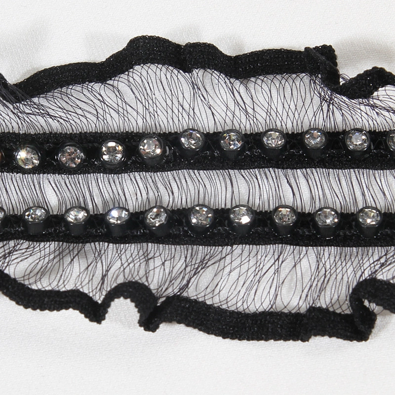 Wholesale Rhinestone Beaded Ruffled Chiffon Lace Trim for Women Garments
