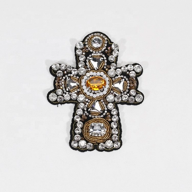 Beaded Crystal Rhinestone Cross Patches Embroidery Patch Applique Stick Water Cross Emblem Garment Accessories