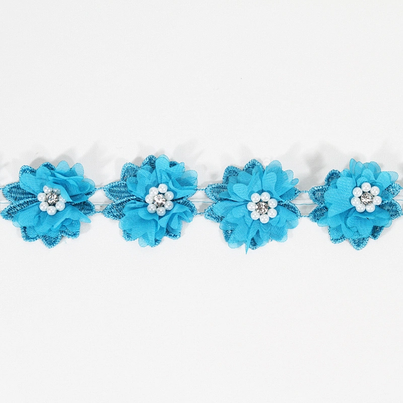 Semi Handmade Pearl Rhinestone Multi layer 3D Embroidery Flower Lace Trim