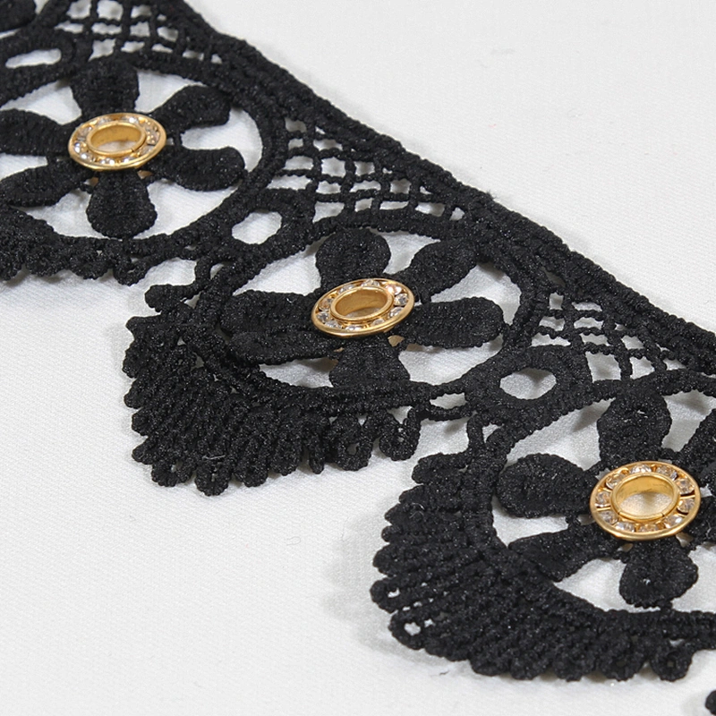 Unique polyester flower lace trim rhinestone gold eyelet knitting eyelet lace