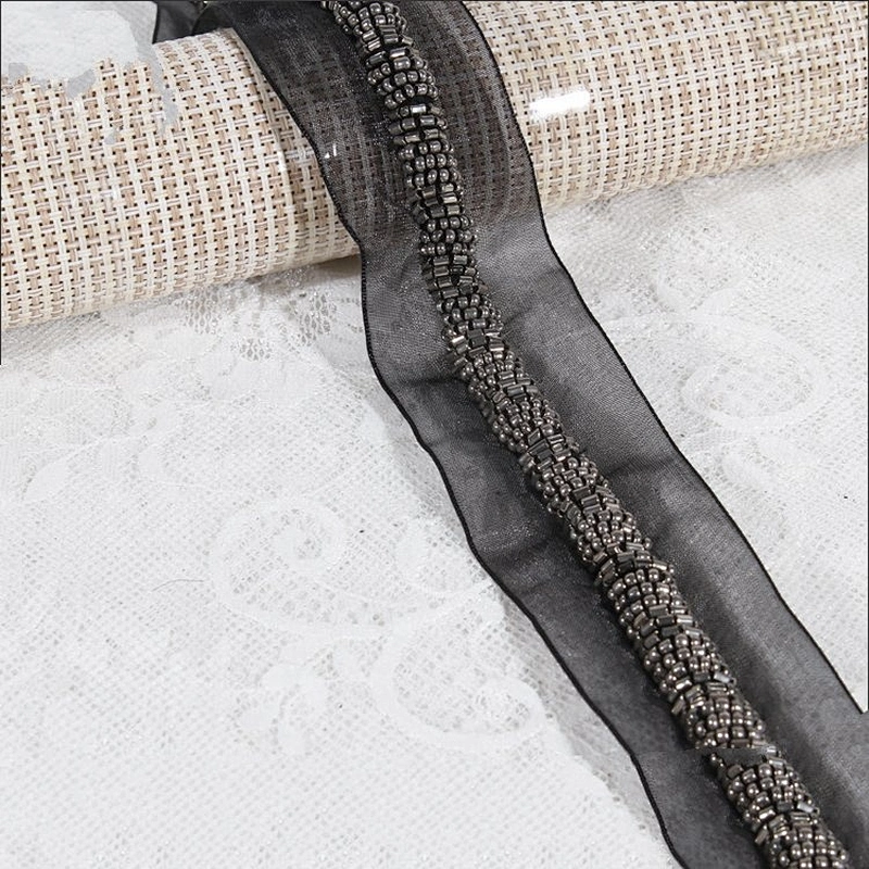 Classic Black Lace Trim with beads Sew on Cotton Rope For Dress Collar