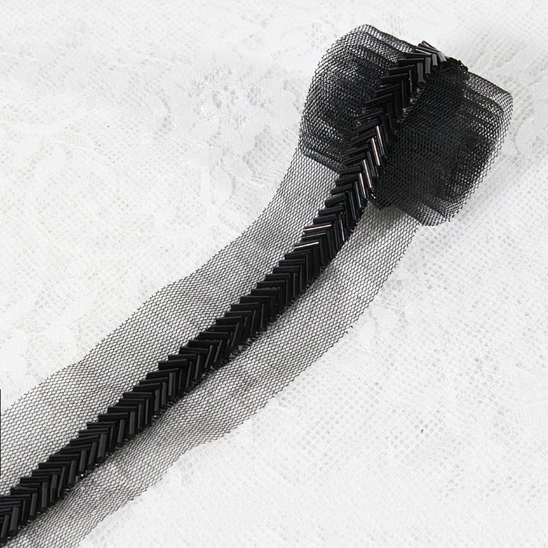 Classics Strip Shape Black Beaded Lace Ribbon To Decorative Clothing