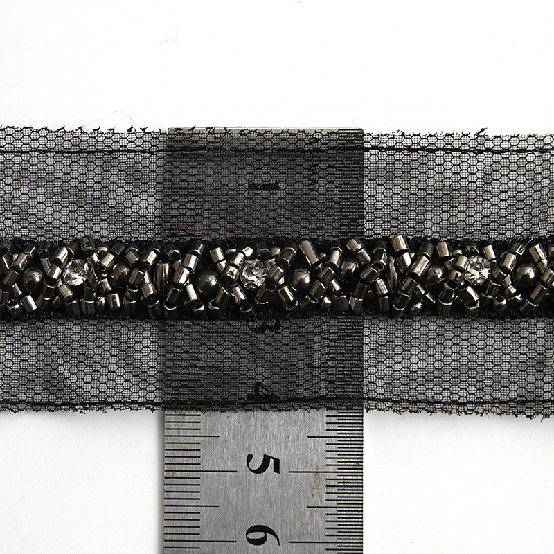 Wholesale polyester pearl lace pearl beaded lace black organza bag pearl lace trim