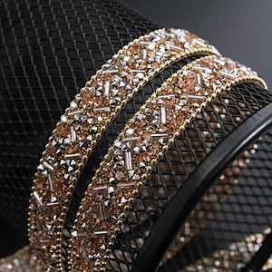 Kavatar Wholesale Glass Gold Chain Trim Fashion Styles Sewing Tube rhinestone trim rolls,colorful hotfix Iron on Trims