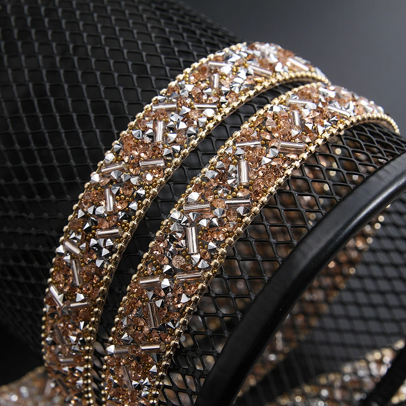 Kavatar Wholesale Glass Gold Chain Trim Fashion Styles Sewing Tube rhinestone trim rolls,colorful hotfix Iron on Trims