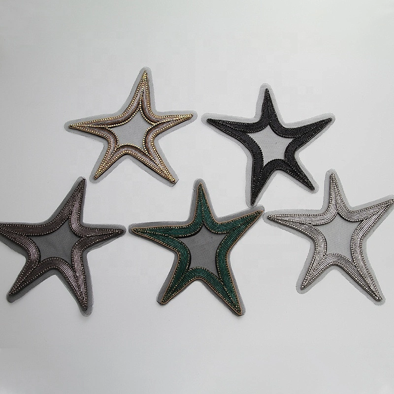 3D Multi Colour Bead Rhinestones Star Shaped Black Applique Patches