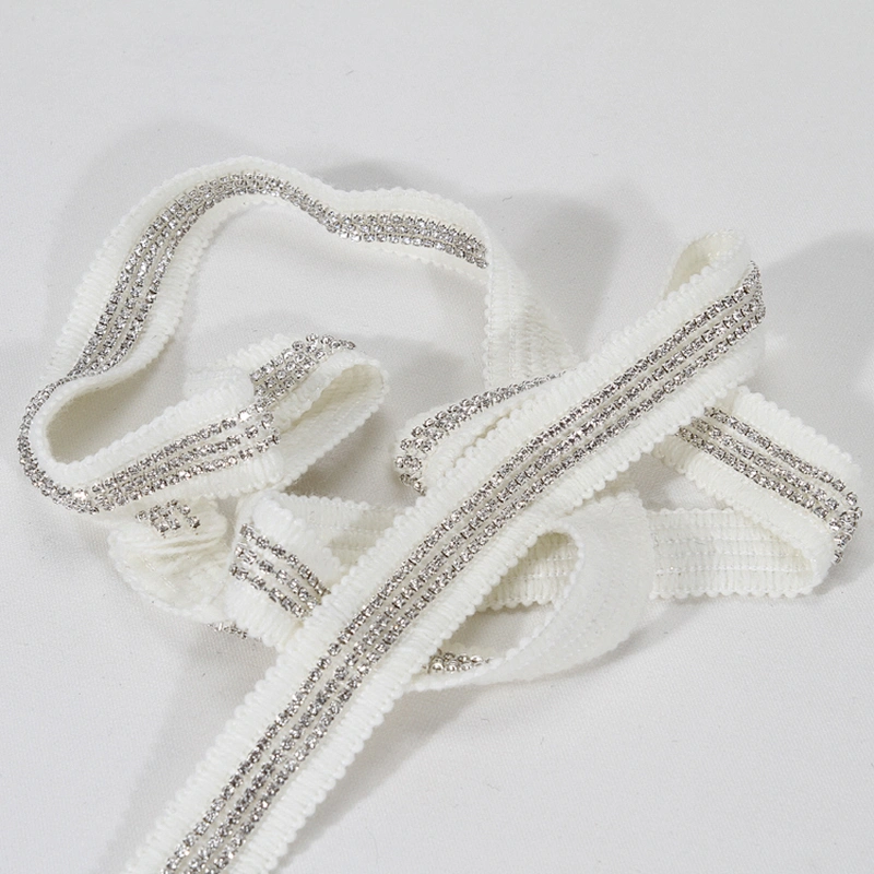 Premium 2.2cm White Cotton Crystal Chain Beads Grosgrain Ribbon Trim for Sweaters Garments