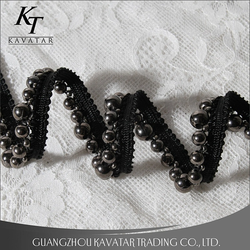 Kavatar Free Sample  Black Beaded Trim Pearl Lace Trim for Clothing Garment