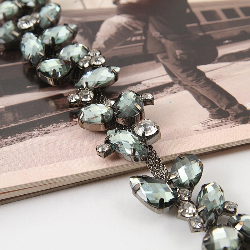 Leaves Rhinestone Chain Trim Ribbon Grey Diamond Crystal Applique Hair Accessory Bridal Sash Sewing on Wedding Dress Decor
