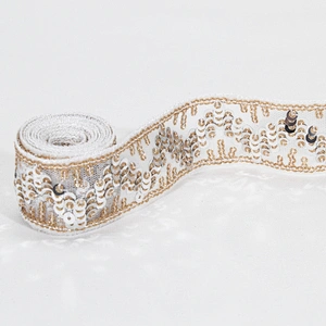 Stock Stylish White V Letter Shape Tulle Sequin Beaded Lace Trim