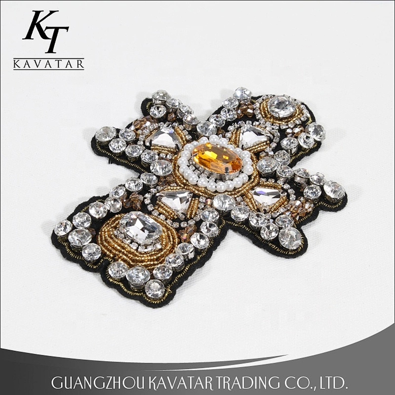 Beaded Crystal Rhinestone Cross Patches Embroidery Patch Applique Stick Water Cross Emblem Garment Accessories