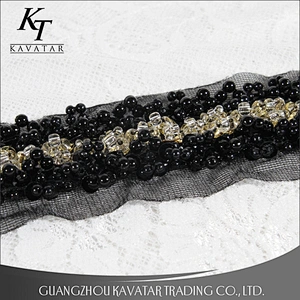 High quality black beaded lace mesh tape with crystal sewed handmade