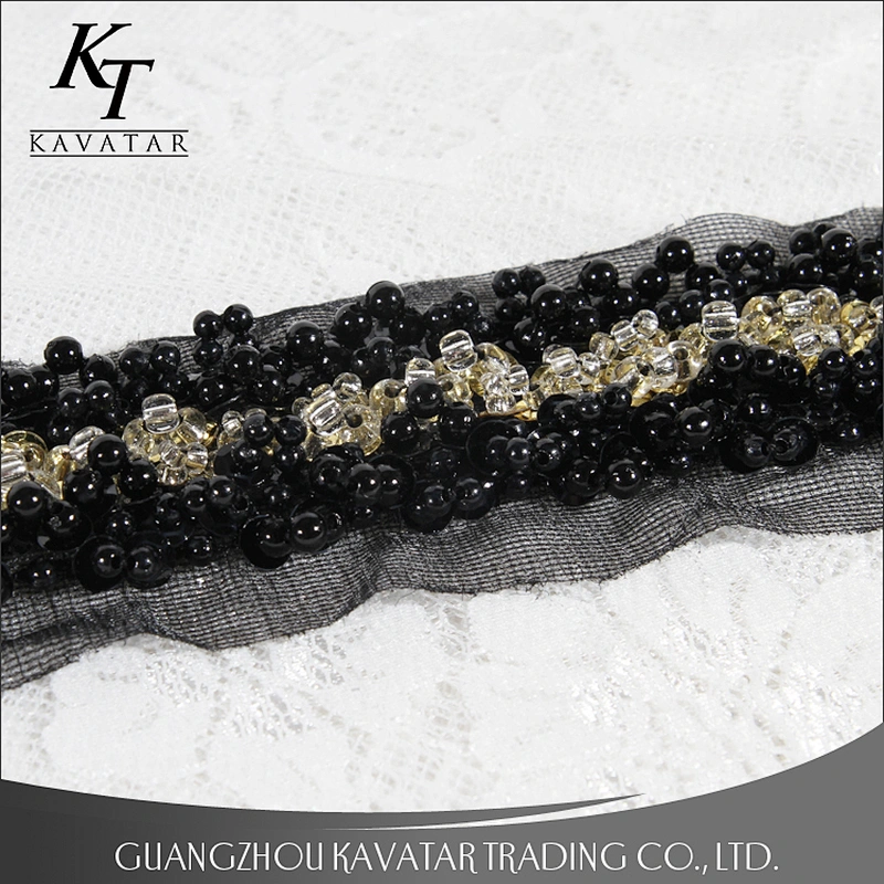 High quality black beaded lace mesh tape with crystal sewed handmade