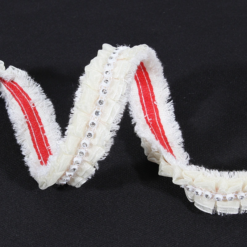 White polyester ruffle lace pleated trim ribbon with bead