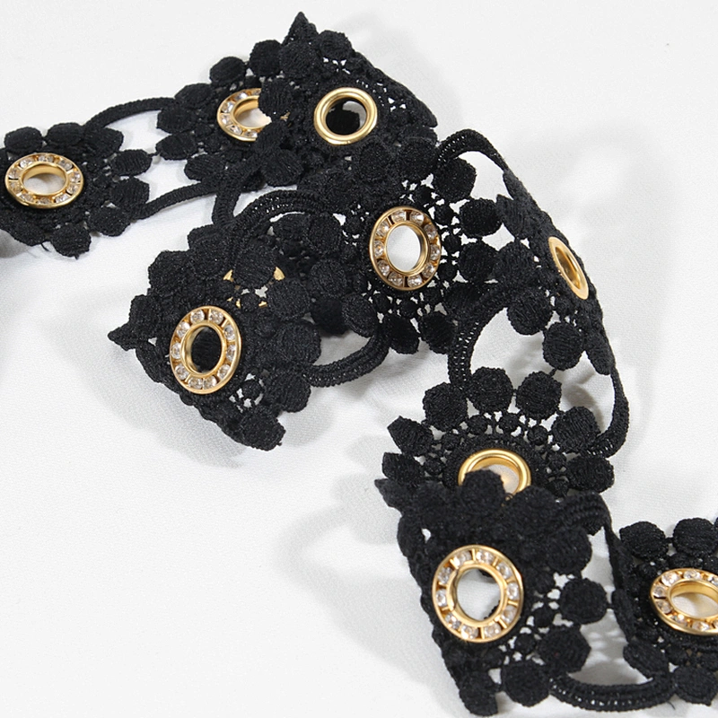 High Quality Fashion Design Black Gold Color Accessories Eyelet Flower lace trim For Clothes