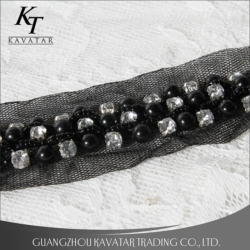 Accessories Claw Rhinestone Black Pearl Beaded Sew On Mesh Lace Trim For Garment
