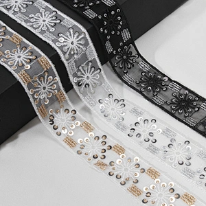 Vogue Floral Pattern Tulle Lace Black Sequin Trim