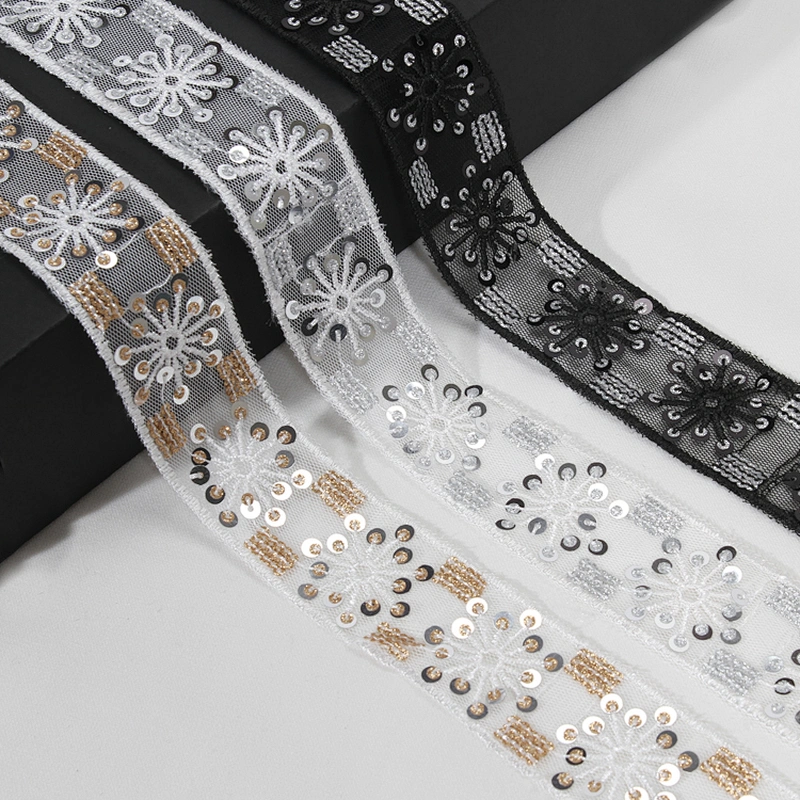 Vogue Floral Pattern Tulle Lace Black Sequin Trim