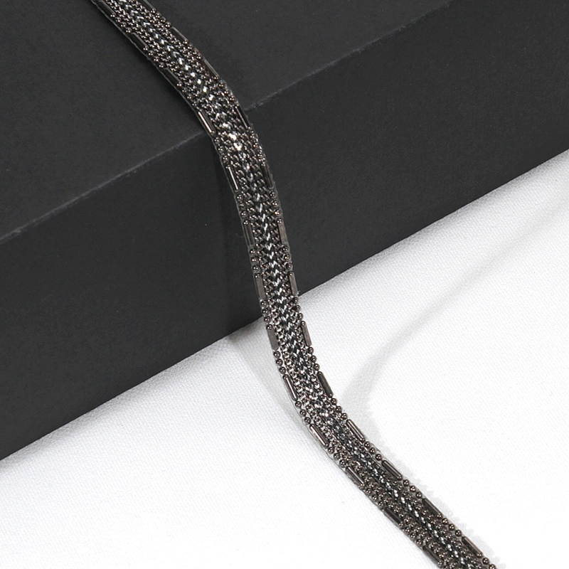 Wholesale Black Copper Chain Plastic Beaded Hotfix Webbing Trimming for Garments Sleeves Dresses Banding