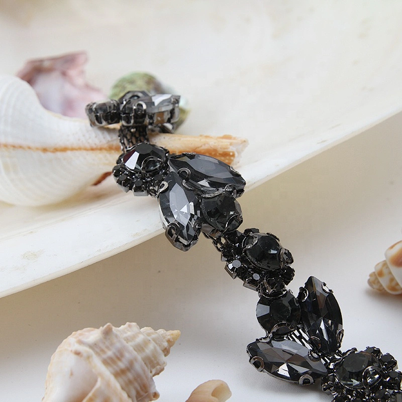 High quantity black rhinestone flower motif crystal rhinestone chain trim