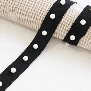 Custom Wholesale 2.5cm Cotton Black Pearl Beaded Herringbone Tape