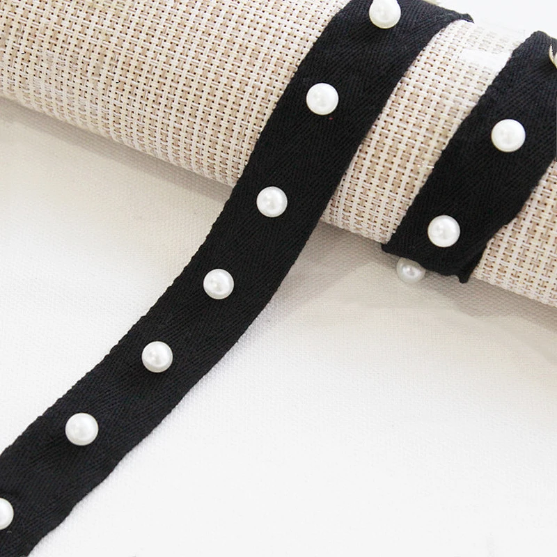 Custom Wholesale 2.5cm Cotton Black Pearl Beaded Herringbone Tape