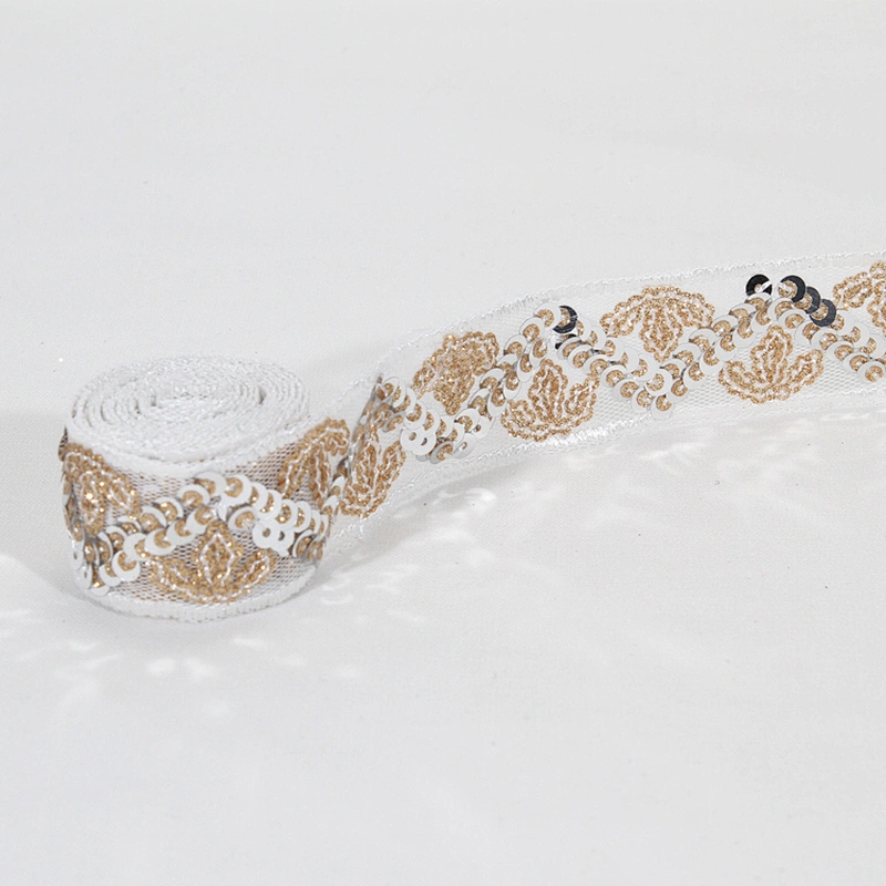 Stock Chic Embroidery Maple Leaf Design Sequin Beaded Tulle Lace Trim