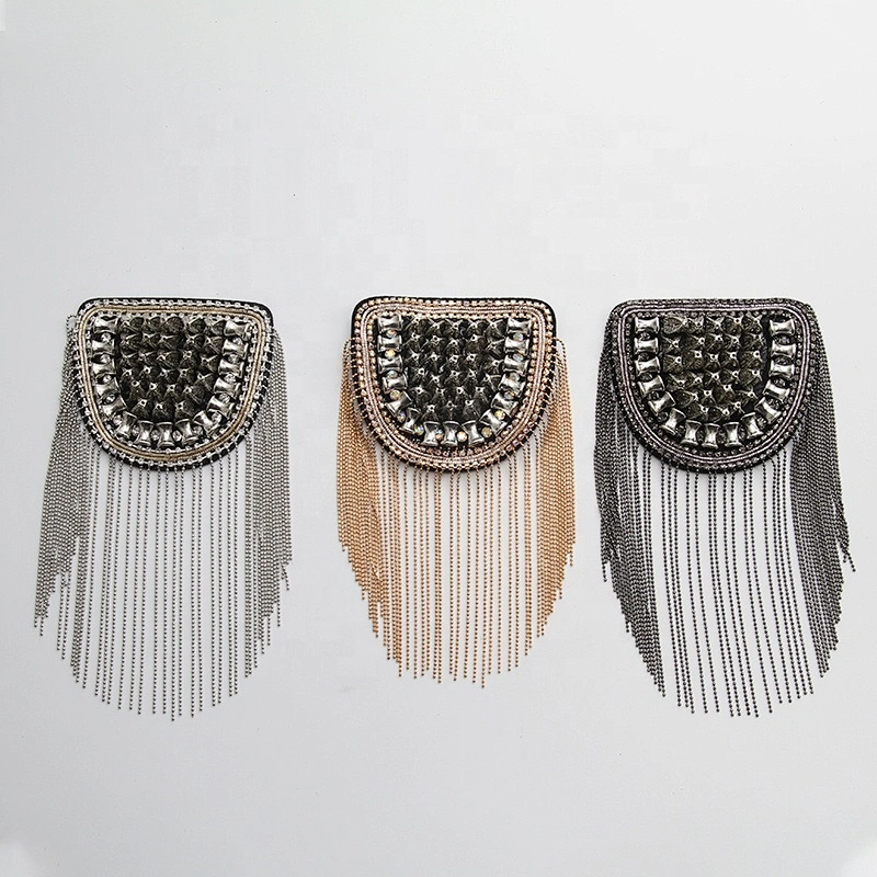 Rhinestones Beaded Crystal Motifs Chain Fringe Patches for Clothing Shoulder Badge Sew on garment material bead patch