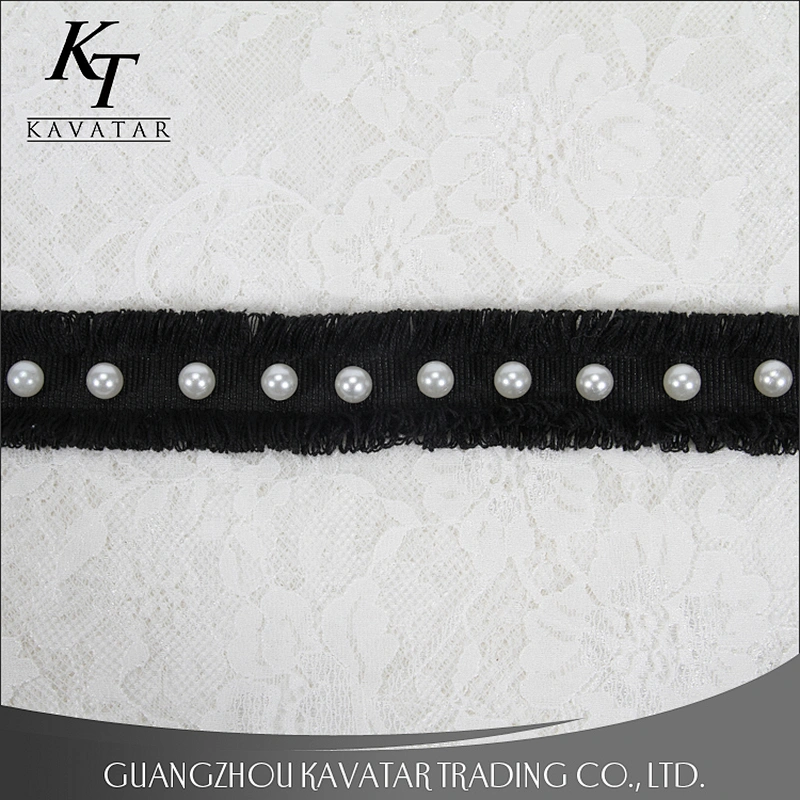 Hot selling custom wholesale black polyester ribbons with pearl trim for decoration