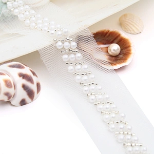 Wholesale Embroidery beaded lace trim 3.3 cm Mesh fabric lace trims beautiful White Accessories for dress 3D wedding Designer