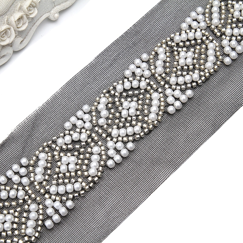 Wholesale Embroidery beaded lace trim 7.1 cm Mesh fabric lace trims beautiful Accessories for dress 3D wedding Designer