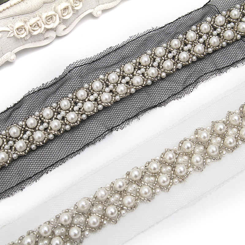 kavatar  wholesale new Handmade Bead lace Embroidered Tulle Trim wedding with Accessories Beads Rhinestones