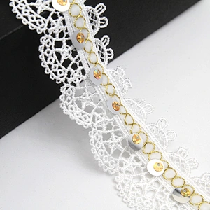 Wholesale sequins Lace Trim Water soluble lace white bridal lace trim Embroidery Sequin Tape For Dress cheap