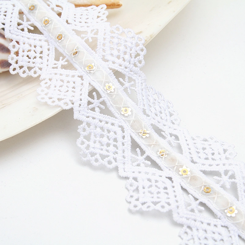 Wholesale sequins Lace Trim Water soluble lace white bridal lace trim Embroidery Sequin Tape For Dress cheap