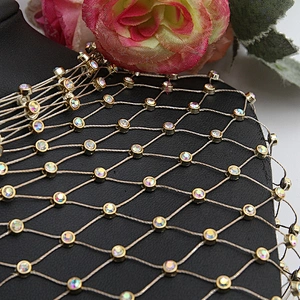 Newest fashion bling bling rhinestone mesh fabric rhinestones trim flat back for perspective clothes dresses bikini