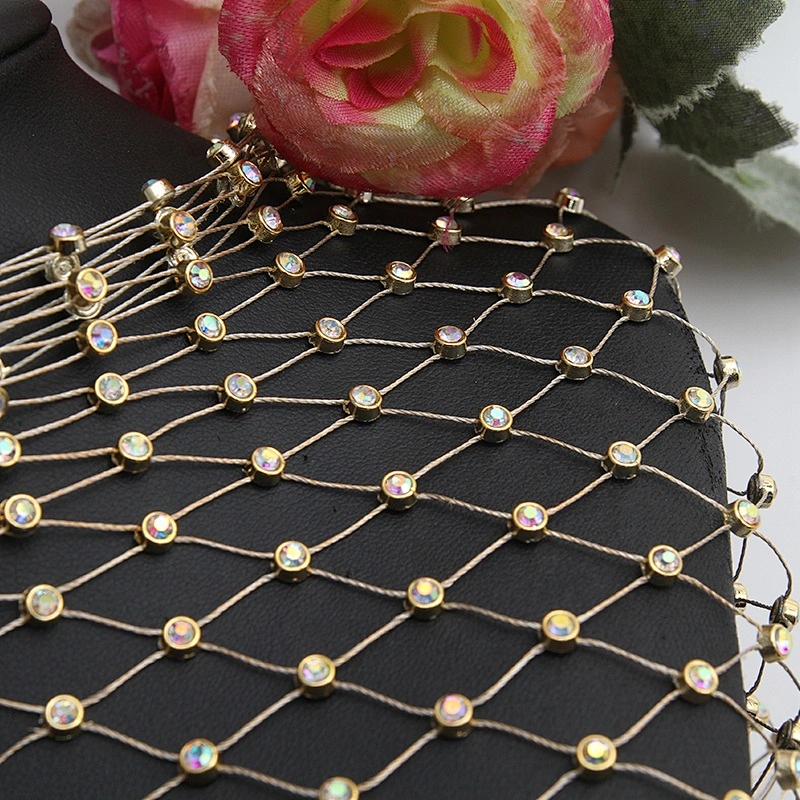 Newest fashion bling bling rhinestone mesh fabric rhinestones trim flat back for perspective clothes dresses bikini