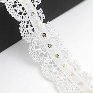 Wholesale sequins Lace Trim Water soluble lace white bridal lace trim Embroidery Sequin Tape For Dress cheap