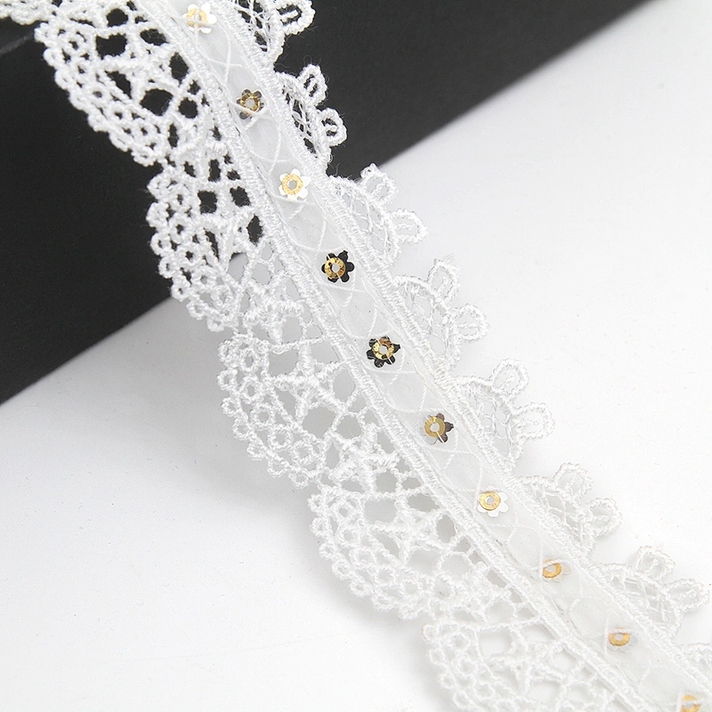 Wholesale sequins Lace Trim Water soluble lace white bridal lace trim Embroidery Sequin Tape For Dress cheap