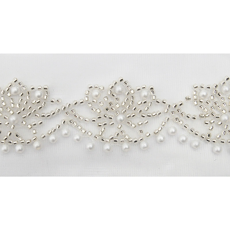 Wholesale Embroidery beaded lace trim 5.7 cm Mesh fabric lace trims beautiful White Accessories for dress 3D wedding Designer