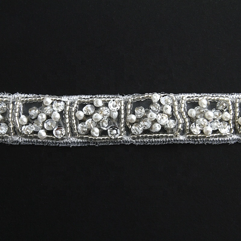Bride glass beaded lace beaded sequin pearl lace trimmings for wedding dressing