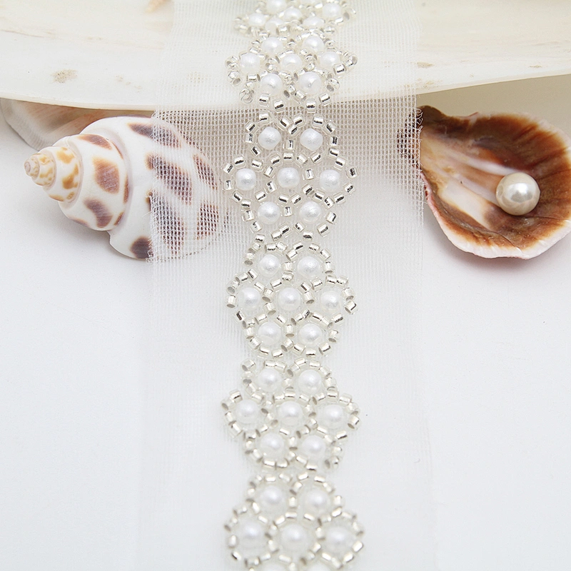 Wholesale Embroidery beaded lace trim 4.7 cm Mesh fabric lace trims beautiful White Accessories for dress 3D wedding Designer