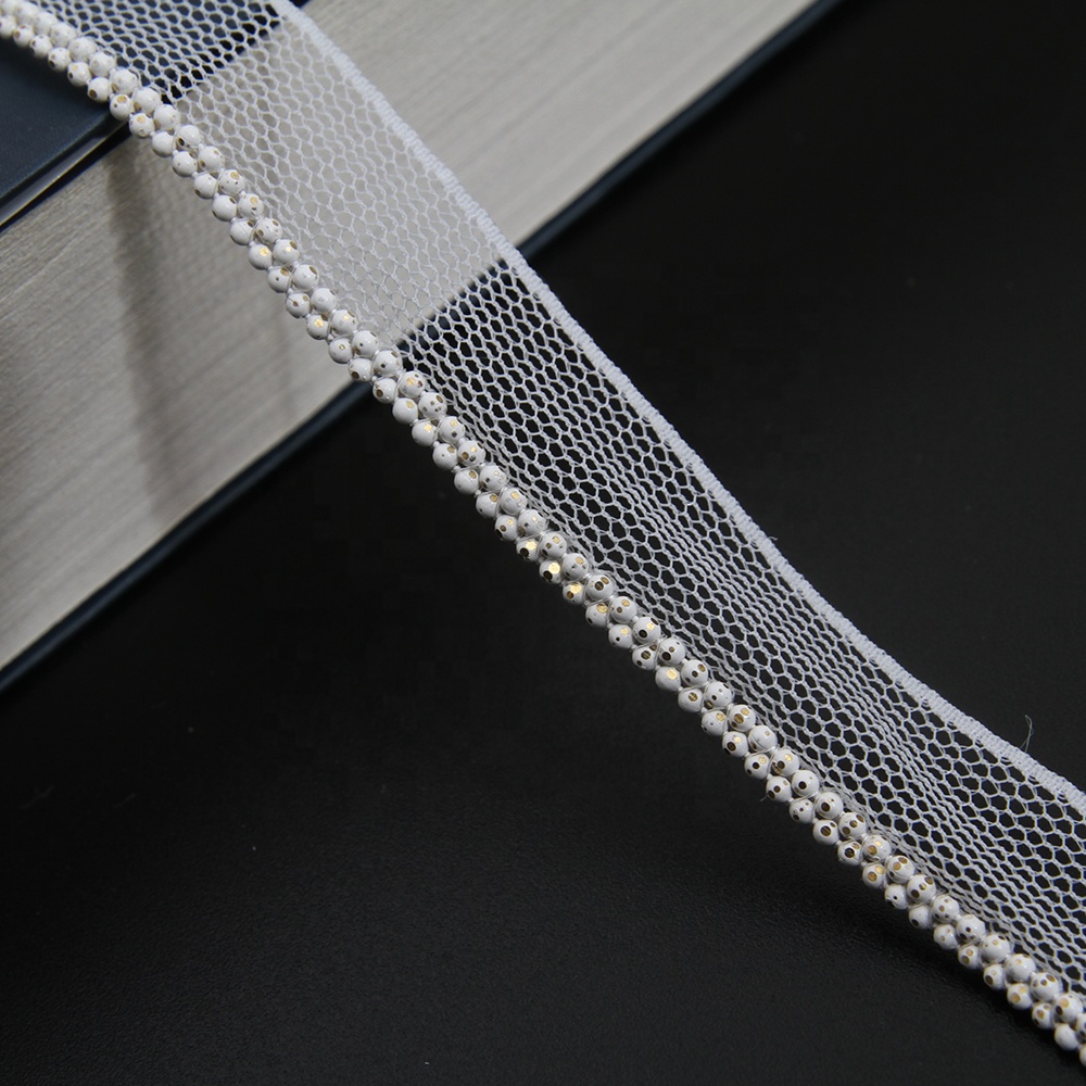 Wholesale Chain lace trim beaded 1.3 cm Sew-On lace trim Polyester net mesh Lace trimmings wedding for clothes  Accessories