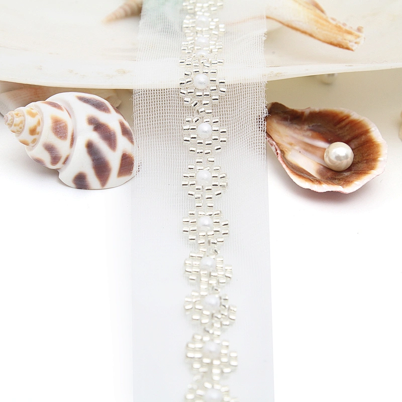 Wholesale Embroidery beaded lace trim 3.5 cm Mesh fabric lace trims beautiful White Accessories for dress 3D wedding Designer