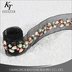 Multi-Colored Beaded Lace Trim, Rhinestone Beaded Trim Lace Tape, Beaded Trim On Mesh