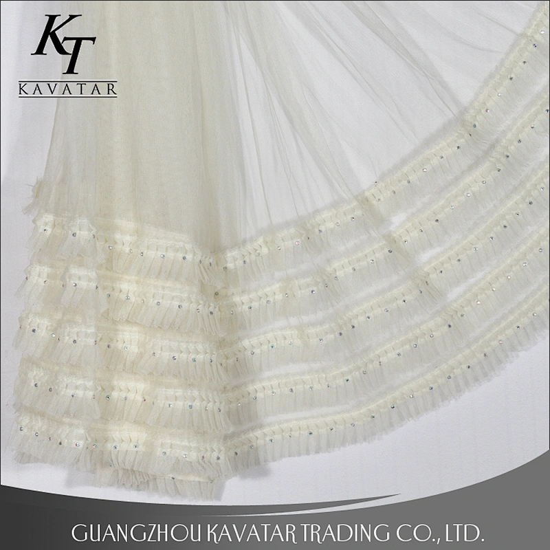 White mesh layers ruffle sequin lace fabric dress material