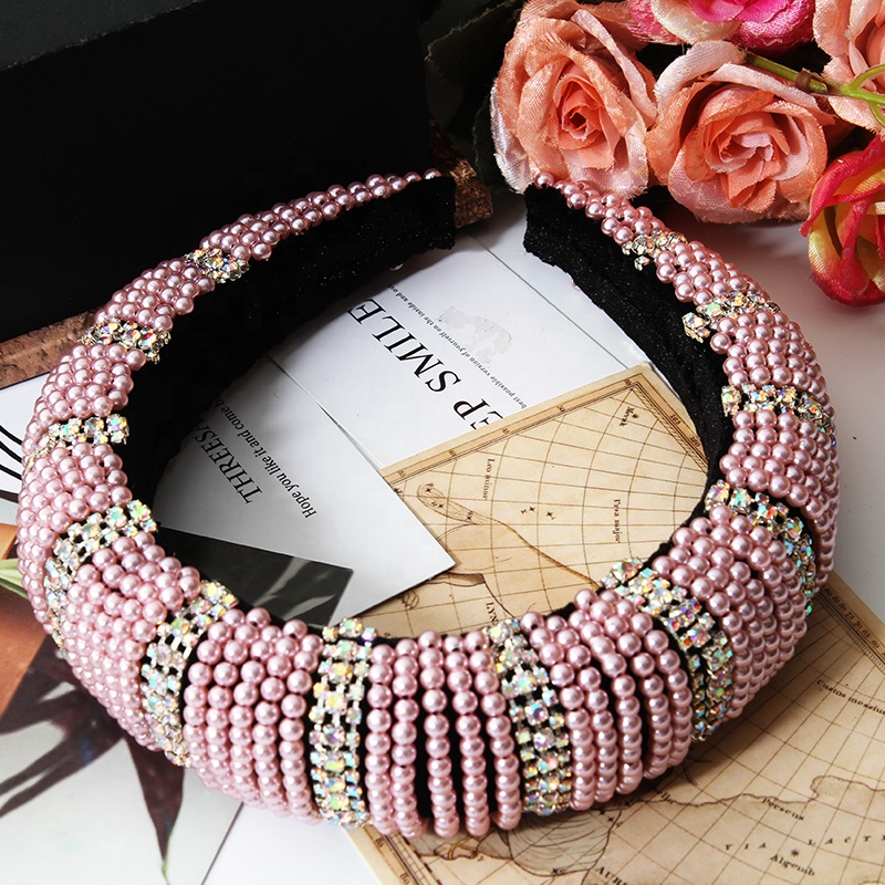 Pink bead headband blue color pearl headband Bridal with hand sewn acrylic bead flower Hairbands bow hairband latest hairband de