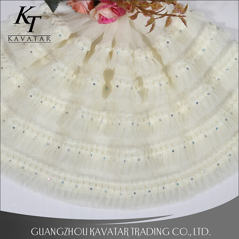 White mesh layers ruffle sequin lace fabric dress material